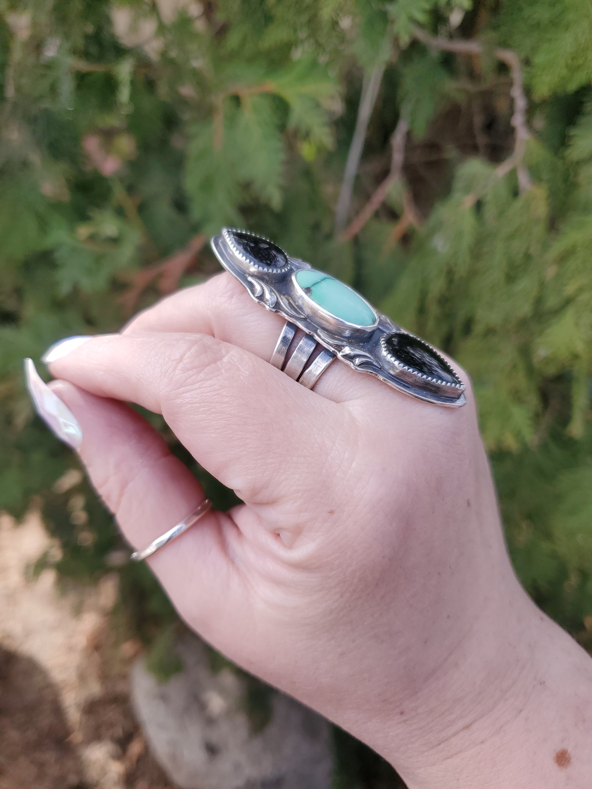 Desert Bloom Variscite & Double Onyx Ring Size 9 - Wood Bison Metal