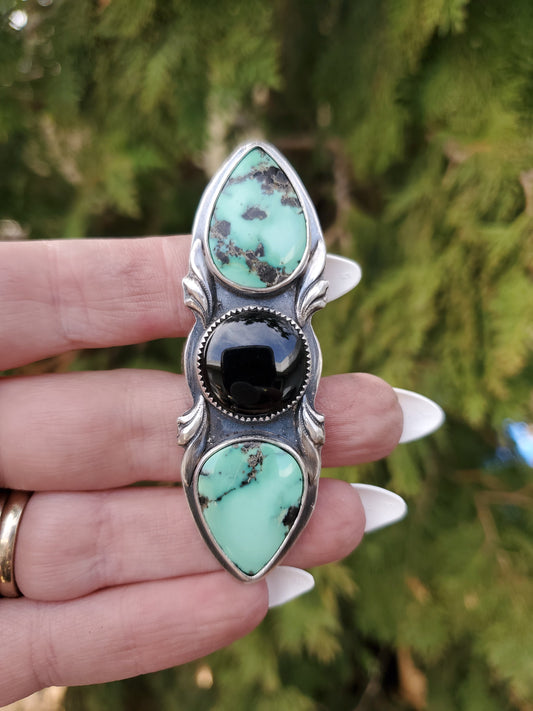 Desert Bloom Variscite & Onyx Ring Size 12 - Wood Bison Metal