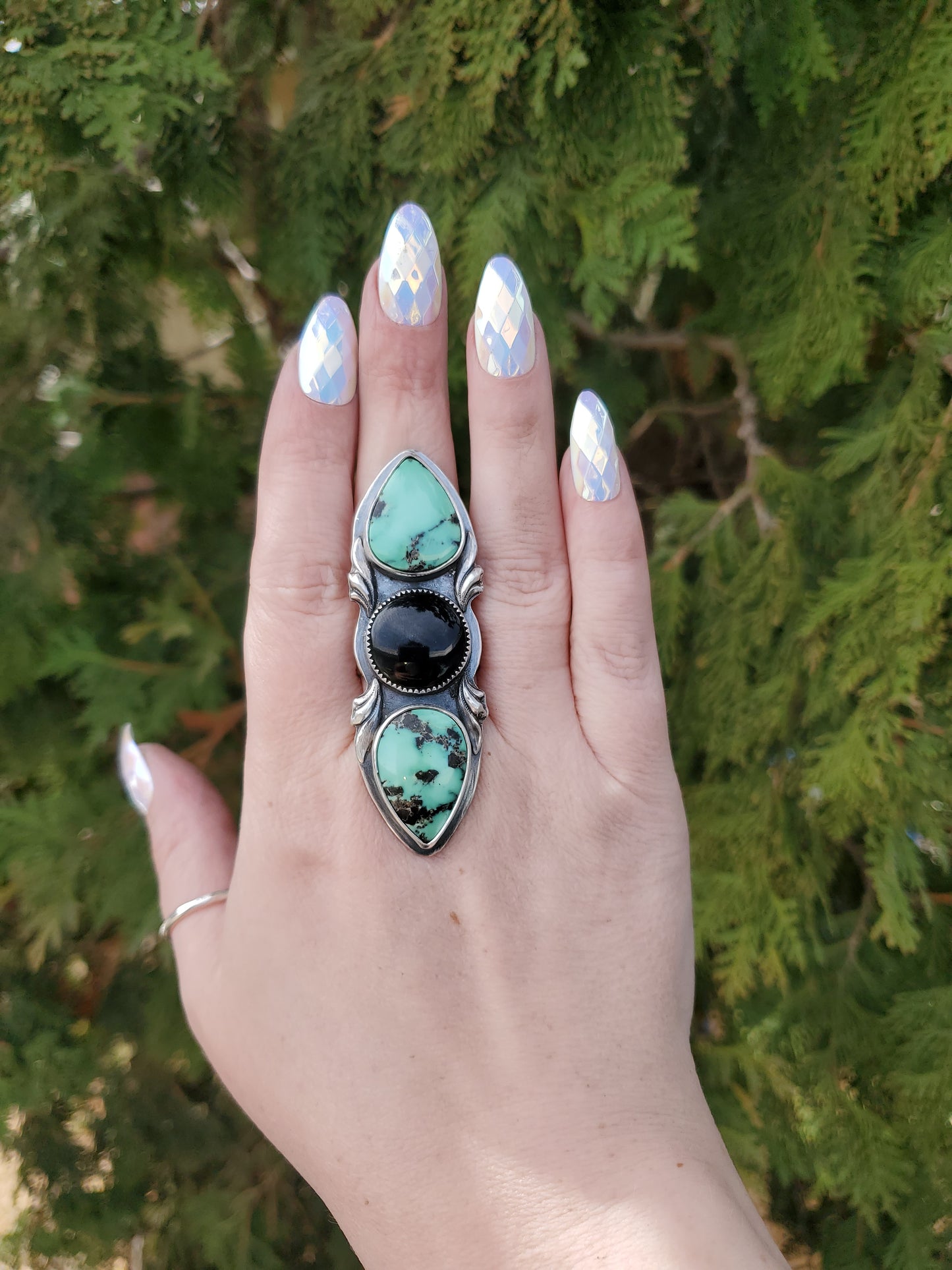 Desert Bloom Variscite & Onyx Ring Size 12 - Wood Bison Metal