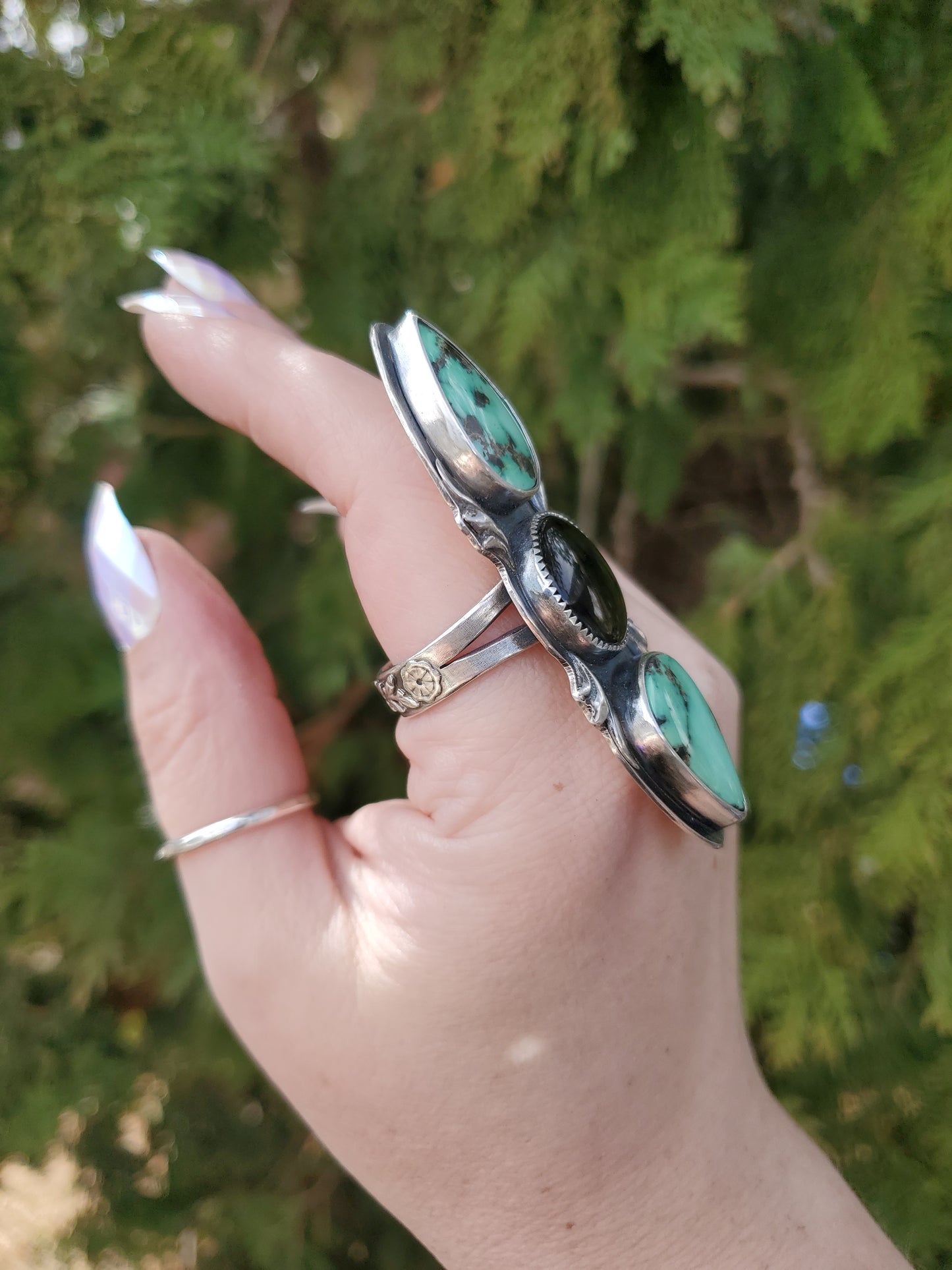 Desert Bloom Variscite & Onyx Ring Size 12 - Wood Bison Metal