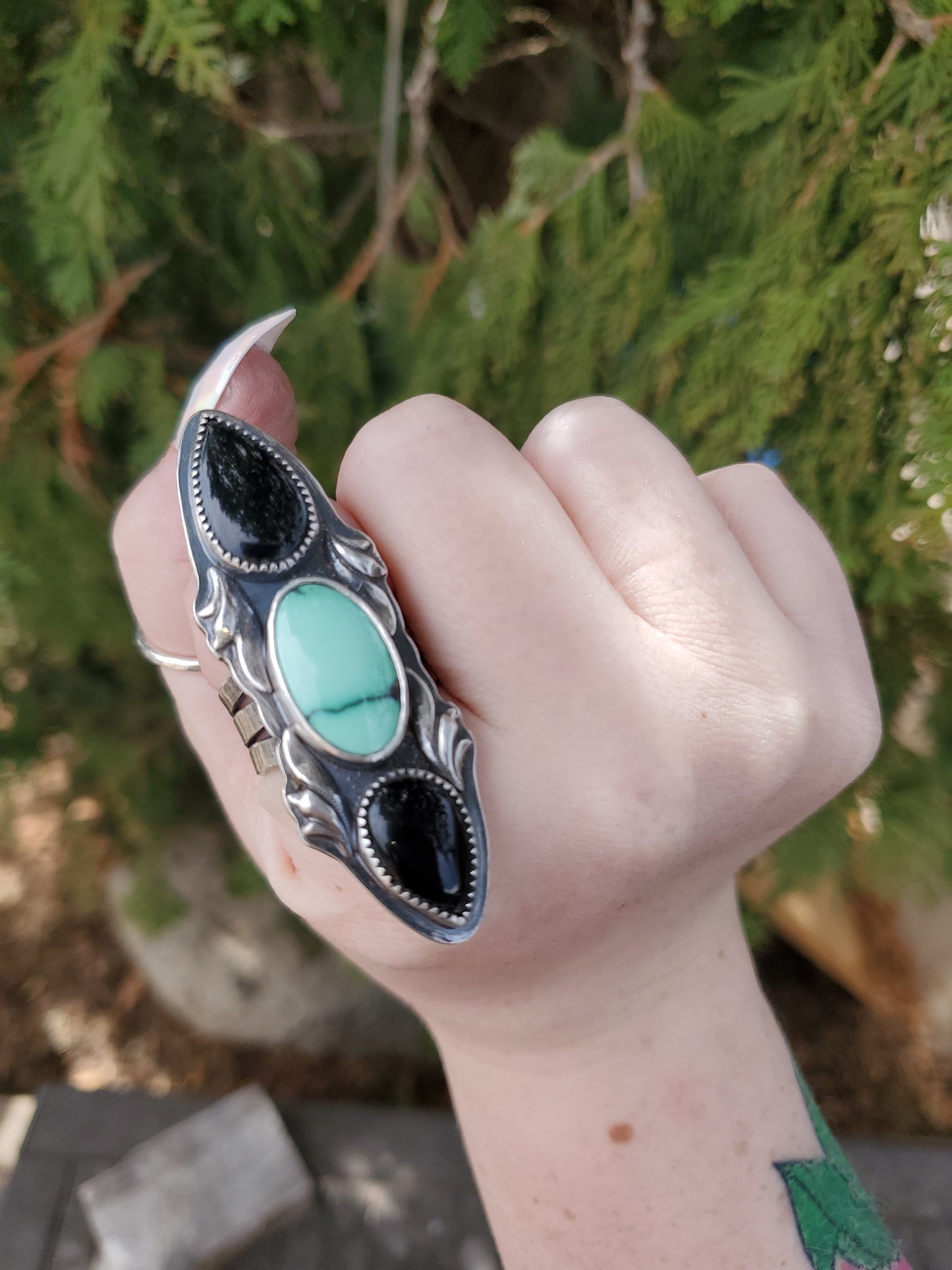 Desert Bloom Variscite & Double Onyx Ring Size 9 - Wood Bison Metal