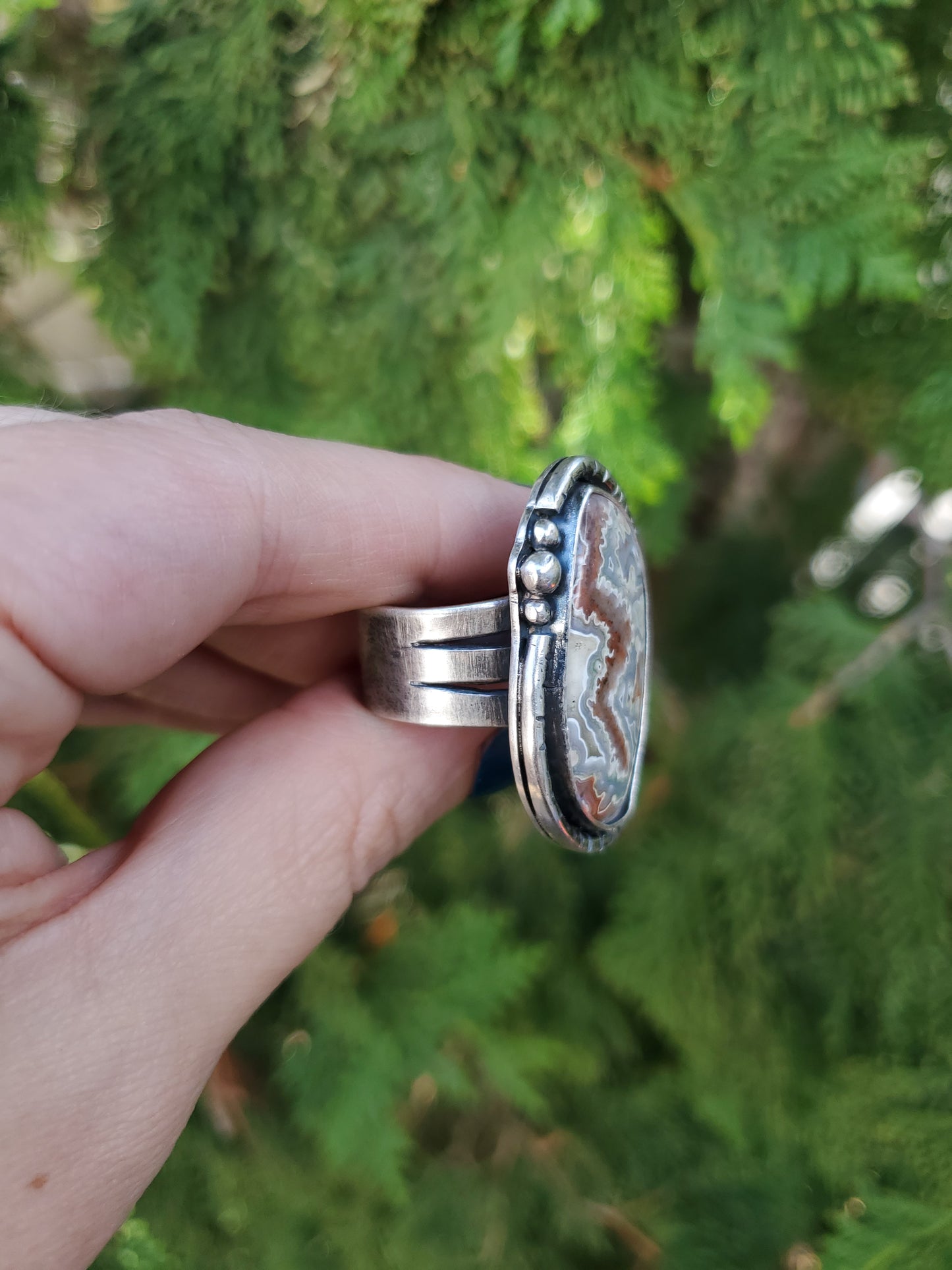 Crazy Lace Agate Statement Ring - Wood Bison Metal