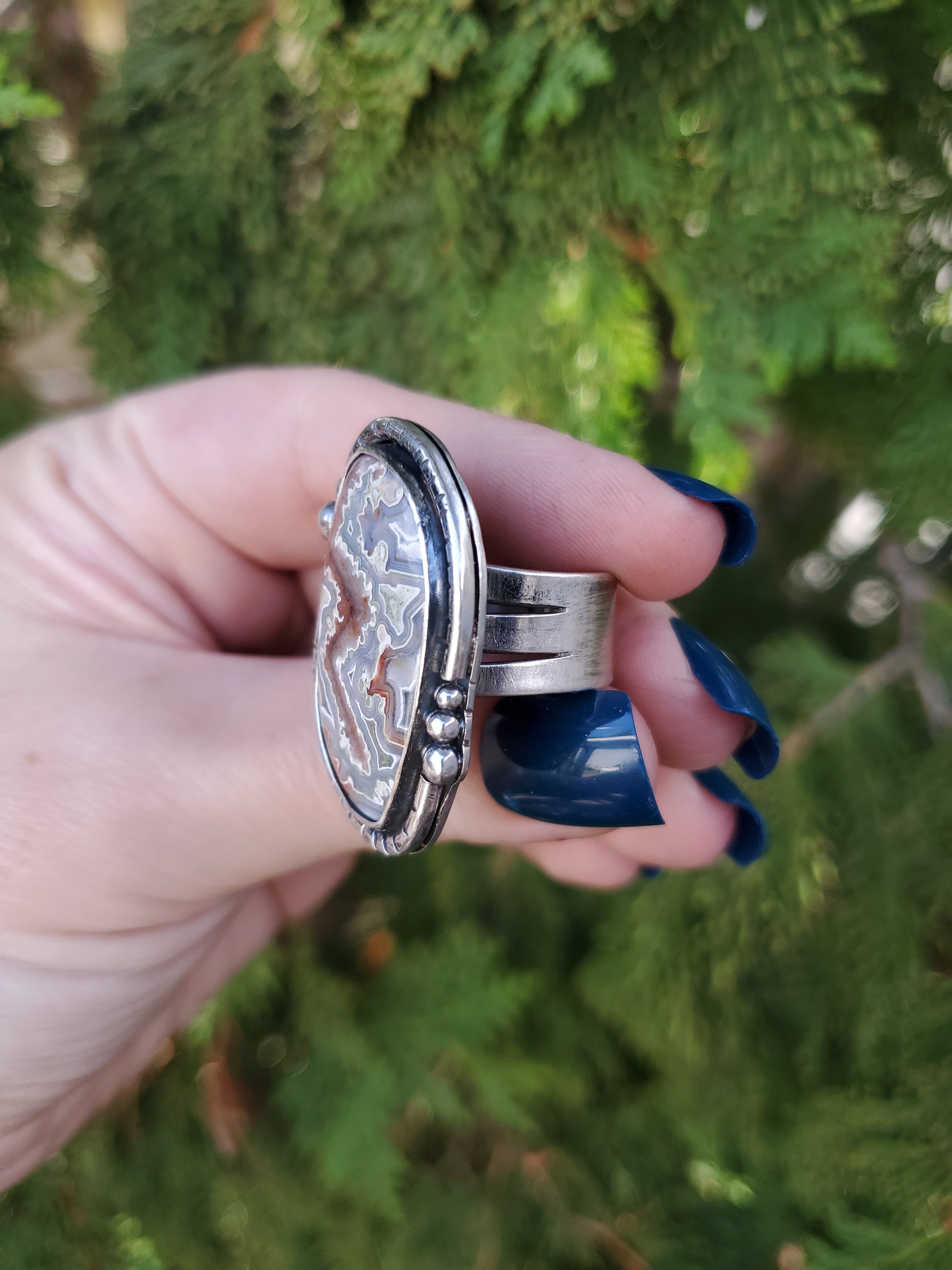 Crazy Lace Agate Statement Ring - Wood Bison Metal