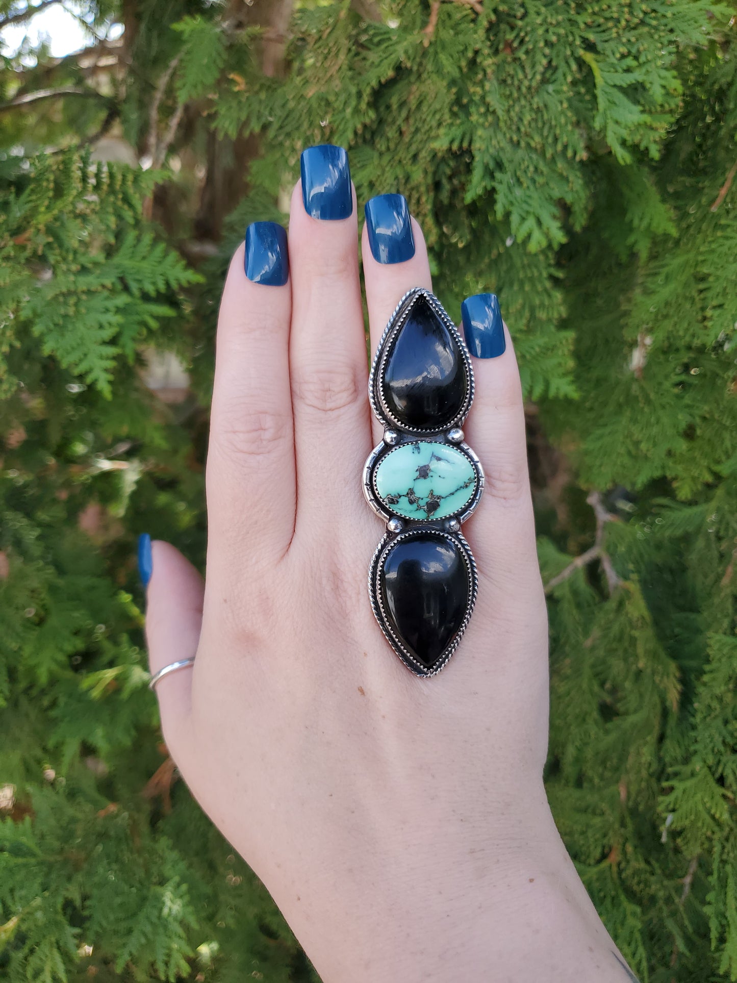 Desert Bloom Variscite and Black Onyx Multi-Stone Statement Ring - Wood Bison Metal