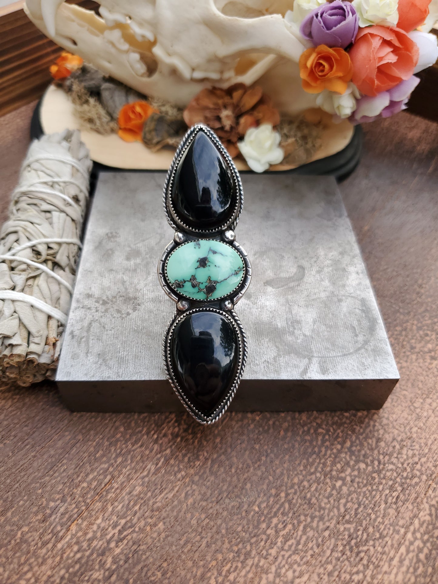 Desert Bloom Variscite and Black Onyx Multi-Stone Statement Ring - Wood Bison Metal