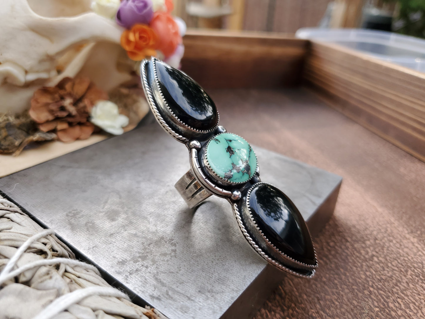 Desert Bloom Variscite and Black Onyx Multi-Stone Statement Ring - Wood Bison Metal