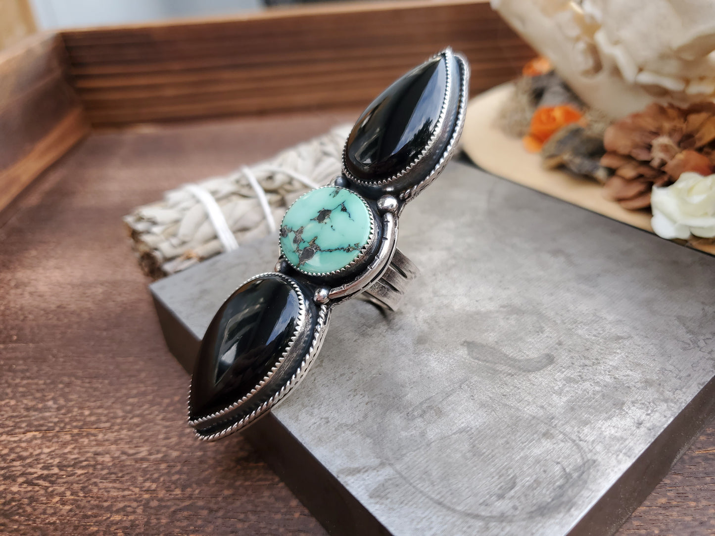 Desert Bloom Variscite and Black Onyx Multi-Stone Statement Ring - Wood Bison Metal