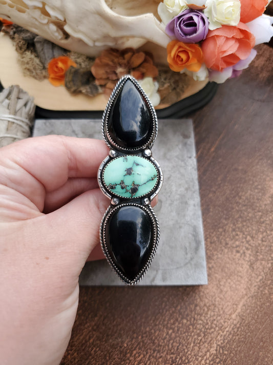 Desert Bloom Variscite and Black Onyx Multi-Stone Statement Ring - Wood Bison Metal