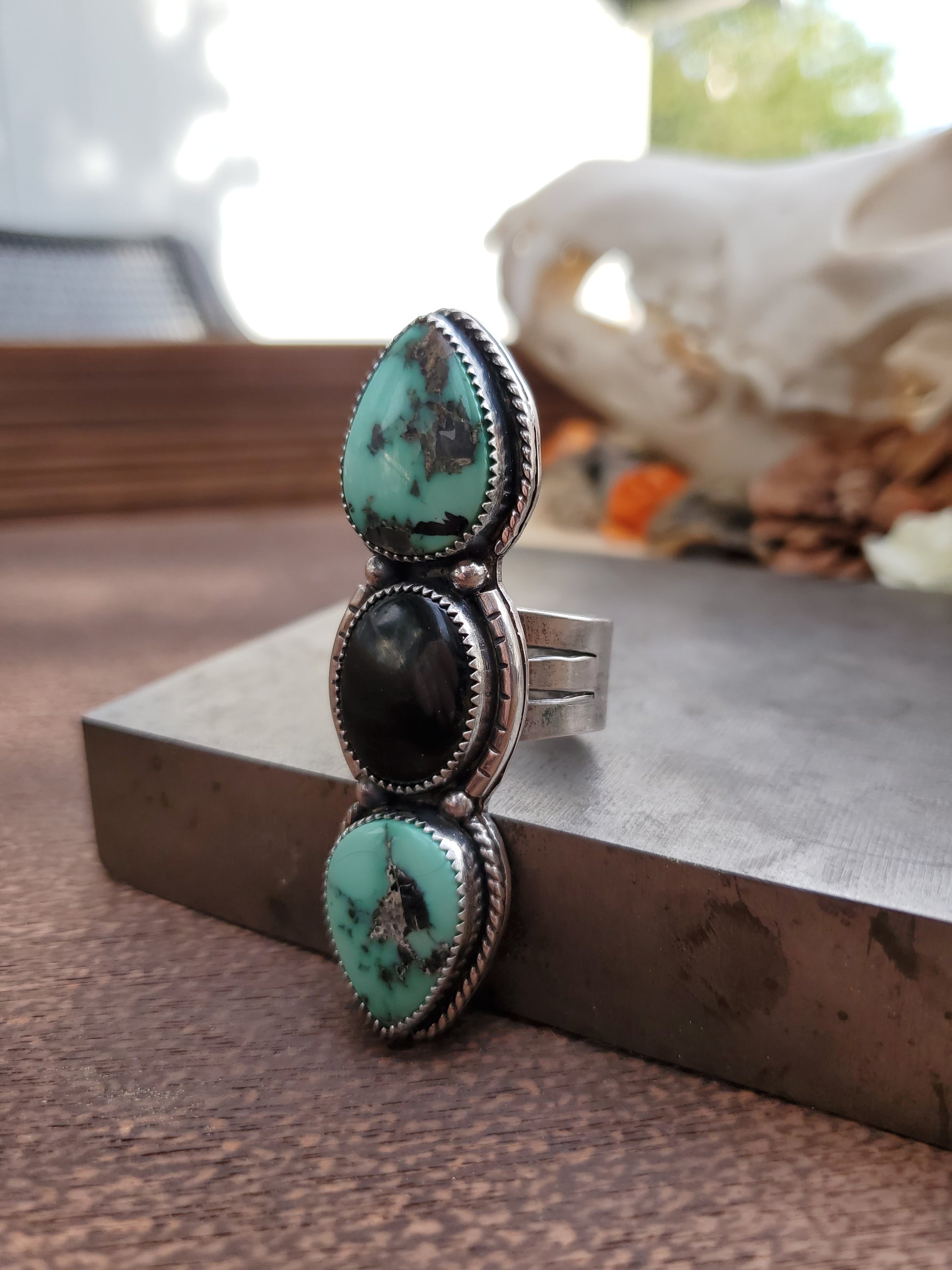 Double Desert Bloom Variscite and Black Onyx Statement Ring - Wood Bison Metal