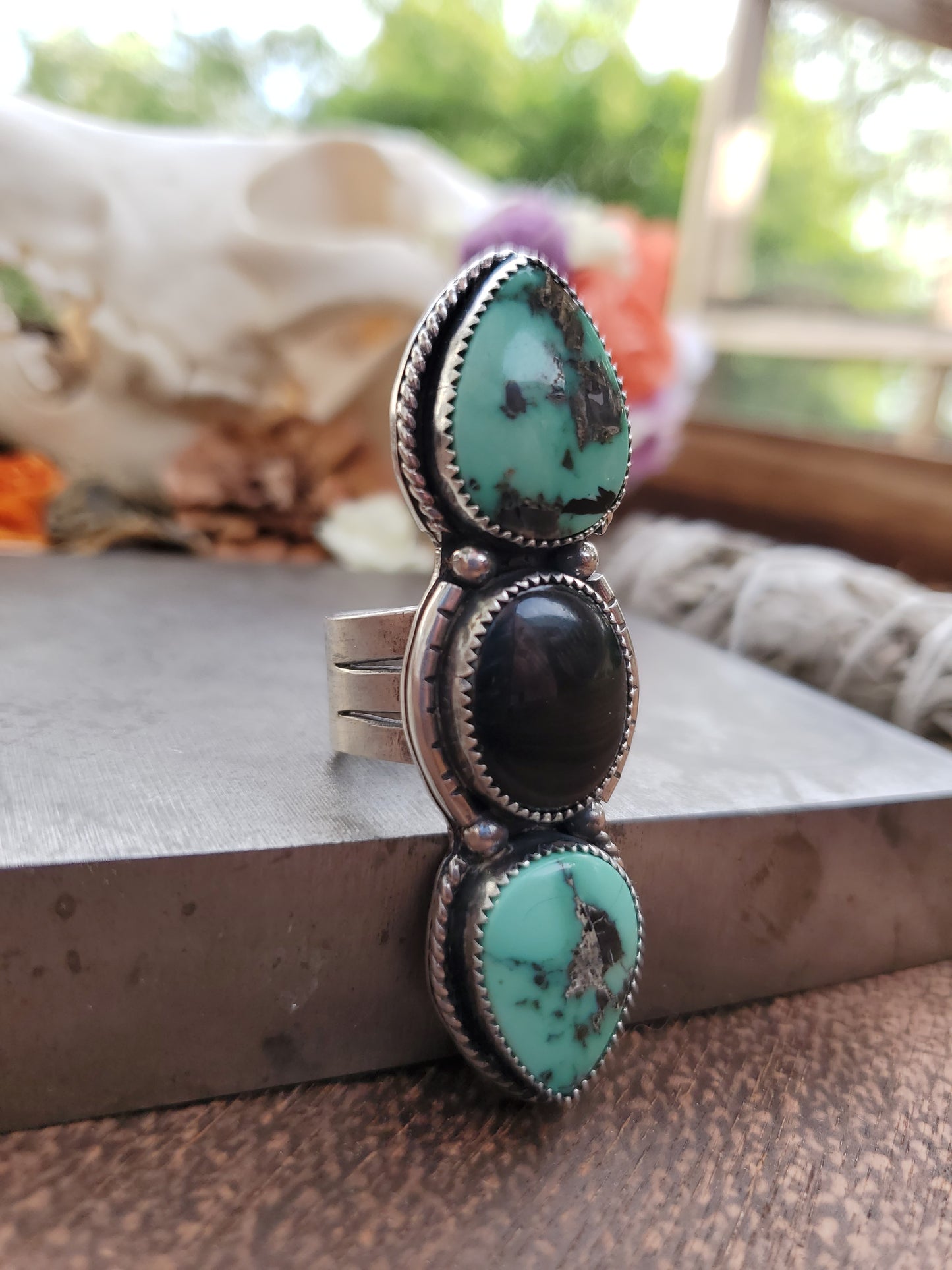 Double Desert Bloom Variscite and Black Onyx Statement Ring - Wood Bison Metal